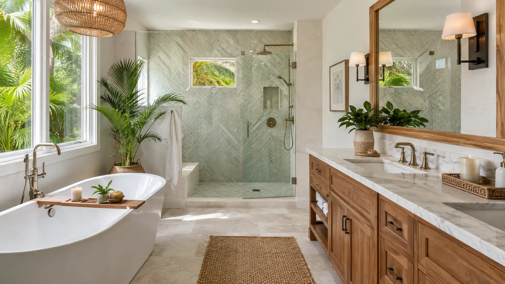 Bathroom renovation with freestanding soaking tub and herringbone tile walk-in shower