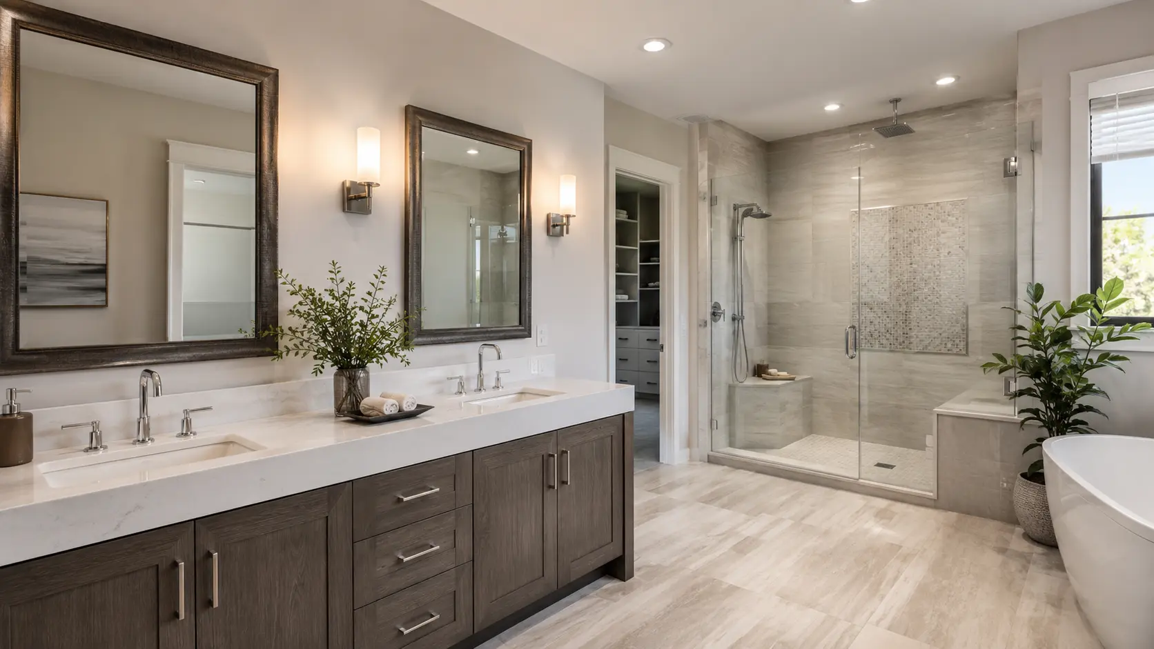 Double vanity bathroom remodel with quartz countertop and framed mirrors