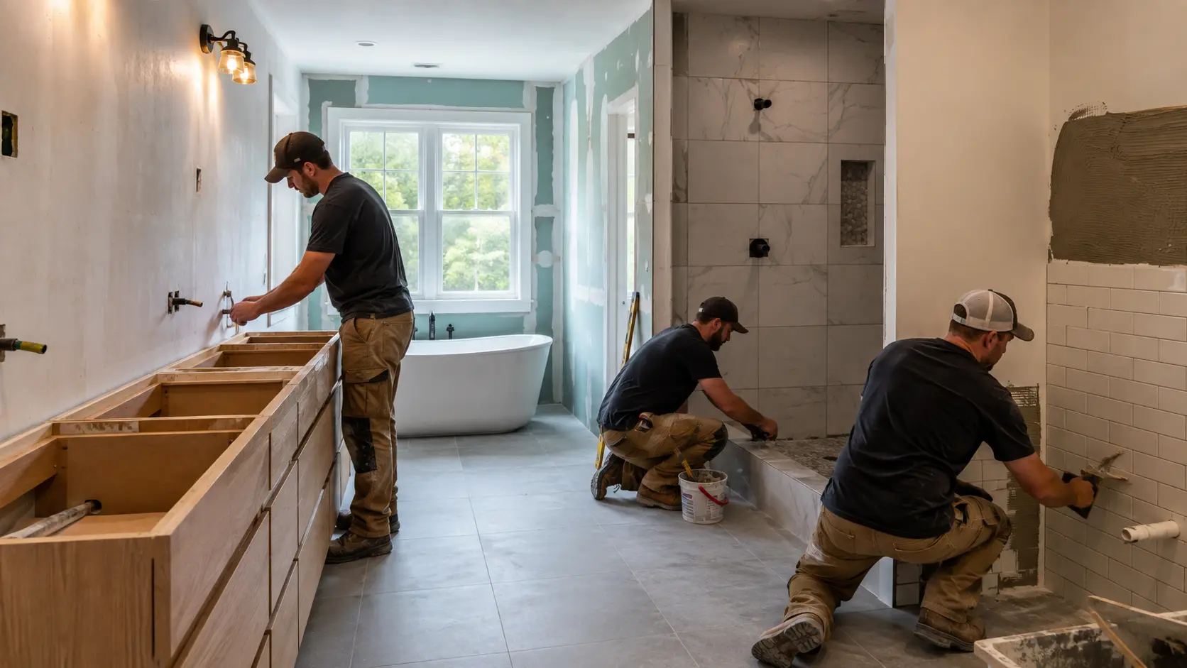 Illustrative bathroom renovation showing tile and vanity installation