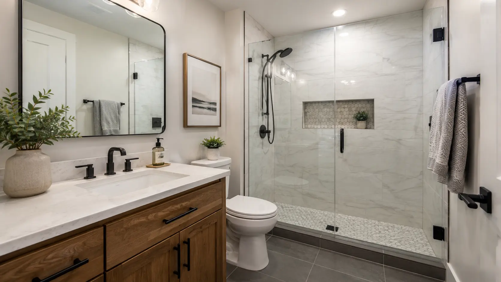Walk-in shower remodel with frameless glass, tile niche and wood vanity