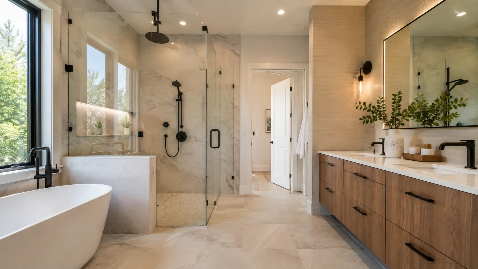 Primary bathroom remodel with marble-look tile shower, freestanding tub and double vanity